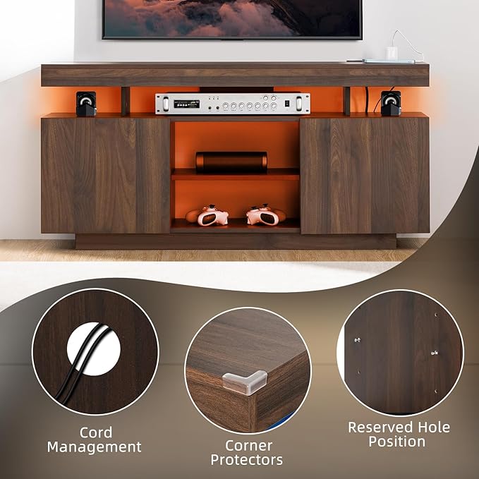 HOMMPA LED TV Stand for 55/50/43/40/32 Inch Modern Entertainment Center with Power Outlets, Gaming Consoles Storage, Media Table with LED Lights, Game Cabinet for Living Room Walnut