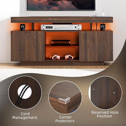 HOMMPA LED TV Stand for 55/50/43/40/32 Inch Modern Entertainment Center with Power Outlets, Gaming Consoles Storage, Media Table with LED Lights, Game Cabinet for Living Room Walnut