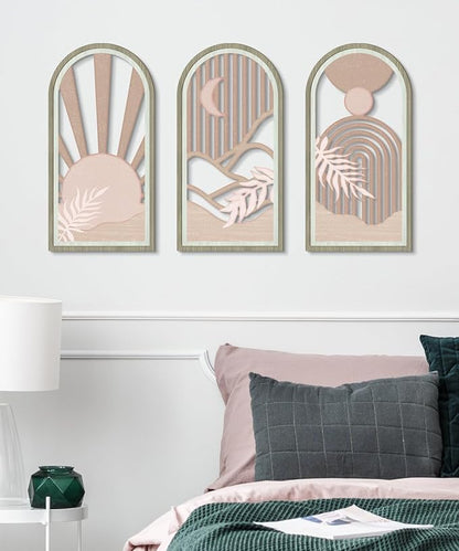 Putuo Decor Boho Sun Wall Art Set of 3, Abstract Pink Artwork, Mid Century Modern MDF Wooden Wall Decor for Living Room Bedroom Office, Arch Design 16x8in
