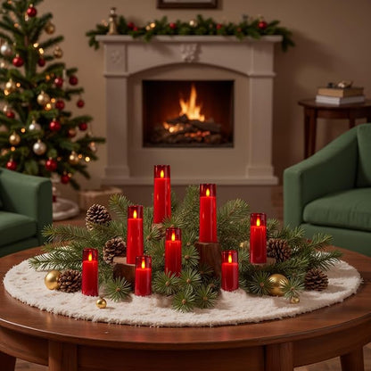 Homemory Decorative Flameless Candles, Battery Operated Candles with Remote & Timer, Flickering Led Pillar Candles, Plexiglass, Red, Pack of 9, D2.2 xH 5" 6" 7"