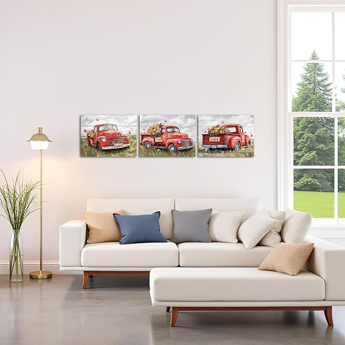 sechars Truck Wall Art Canvas Vintage Farmhouse Decor Faith Hope Love Floral Painting Prints (Red)