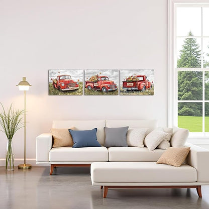 sechars Truck Wall Art Canvas Vintage Farmhouse Decor Faith Hope Love Floral Painting Prints (Red)