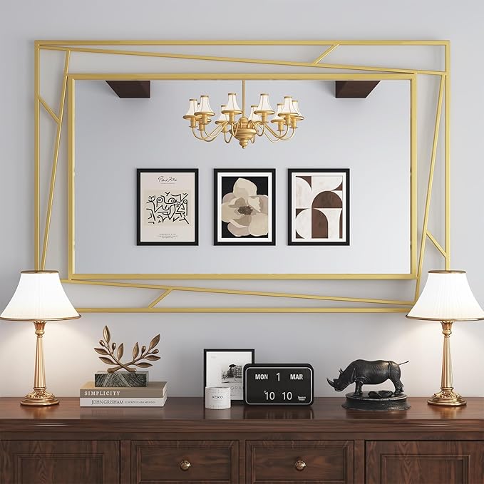 Brushed Gold Bathroom Mirror, 48''X24'' Rectangular Wall Mirrors with Geometric Metal Frame for Bathroom Bedroom Living Room, Hang Horizontally or Vertically