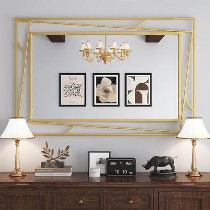 Brushed Gold Bathroom Mirror, 48''X24'' Rectangular Wall Mirrors with Geometric Metal Frame for Bathroom Bedroom Living Room, Hang Horizontally or Vertically