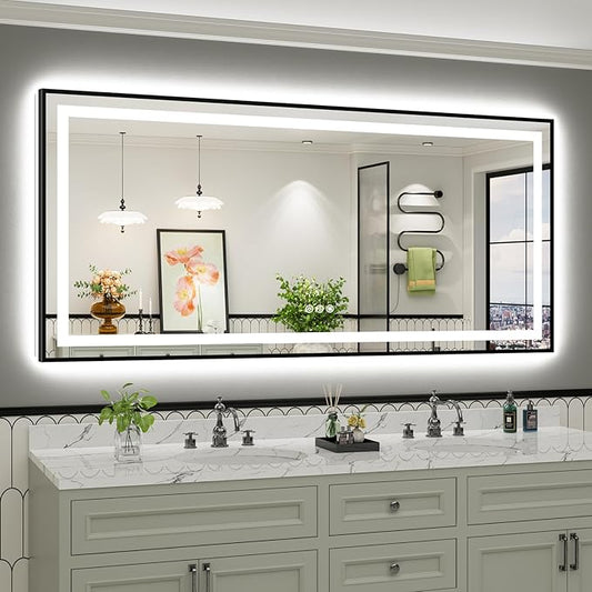 77x36 Inch LED Bathroom Mirror with Black Frame, Backlit & Front Lit, Anti-Fog Lighted Bathroom Vanity Mirror for Wall, Memory Function, Dimmable, HD Tempered Glass, Shatter-Proof