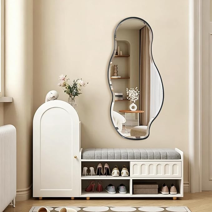 POZINO Irregular Beveled Mirror, 40"x18" Premium Bathroom Vanity Mirror with Metal Frame, Asymmetrical Organic Shaped Wall Mirrors for Living Room Bedroom Hallway Entryway, Horizontal/Vertical Hanging