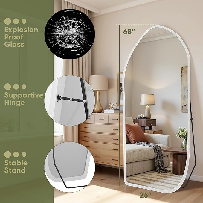Suidia Full Length Mirror, Oversized Floor Mirror with Solid Wood Frame, Large Standing Mirror for Bedroom Living Room, Wood Art Style, White, 68" L x 26" W