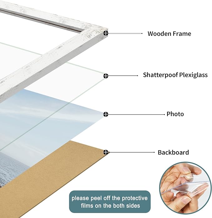 iRahmen 11x17 Picture Frame with Plexiglass - Wooden Poster Frame for Photo Wall Gallery Mounting (Distressed-White, Set of 2)