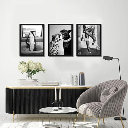 3Pcs Fashion Leopard Print Canvas Wall Paintings Funny Woman Drinking In Bathtub Paintings Print Black And White Photography Beautiful Chic Woman Preppy Postesr For Bedroom Hallway 12×16 Inch Unframed