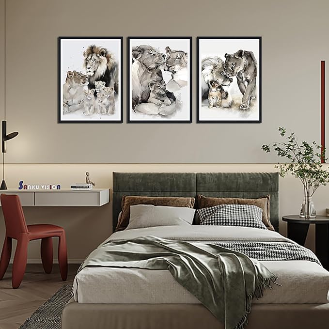 3 Pieces Wildlife Animals Framed Canvas Wall Art Vintage Lion Family Picture Wall Decor for Country House Modern Lions Animal Print Artwork for Living Room Decoration Easy to Hand 16x24inchx3pcs