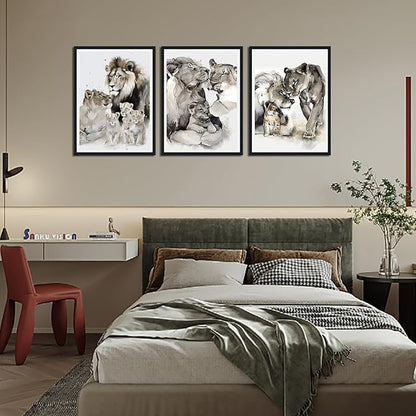 3 Pieces Wildlife Animals Framed Canvas Wall Art Vintage Lion Family Picture Wall Decor for Country House Modern Lions Animal Print Artwork for Living Room Decoration Easy to Hand 16x24inchx3pcs