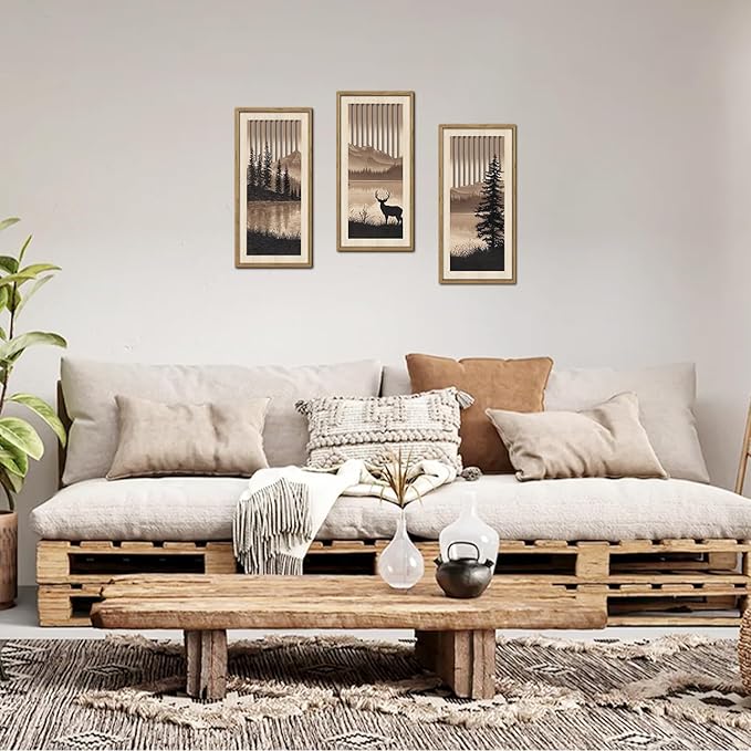 HPNIUB 3PCS Jungle Animals Wall Decor,Rustic Mountain Forest Wooden Sign for Living Room,Silhouette Abstract Deer Pine Tree Hanging Wood Plaque Wall Art Nature Wall Sculpture for Home Office(8x16Inch)