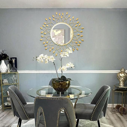 Chende 32" x 32" Large Mirror for Living Room Decor, Round Wall Mirror with Metal Leaves, Beveled Decorative Mirror for Entryway, Dining Room, Bedroom