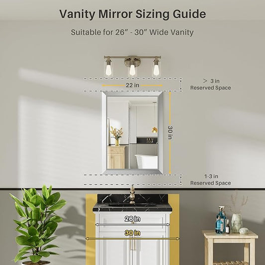 22x30 Inch Brushed Silver Bathroom Mirror for Wall, Thick Metal Framed Rectangle Mirrors for Over Sink, Bedroom, Living Room, Entryway, Anti-Rust, HD Tempered Glass