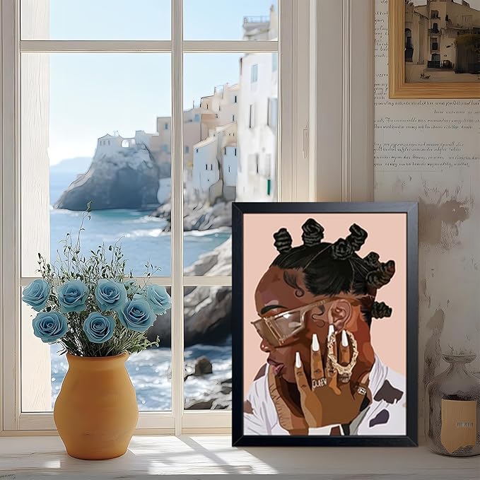 Black Girl Canvas Wall Art, African American Fashion Woman Illustration with, Black Wood Framed Vintage Wall Decor, Girls Room Poster Print for Bedroom Living Room Office 12x16 Inch