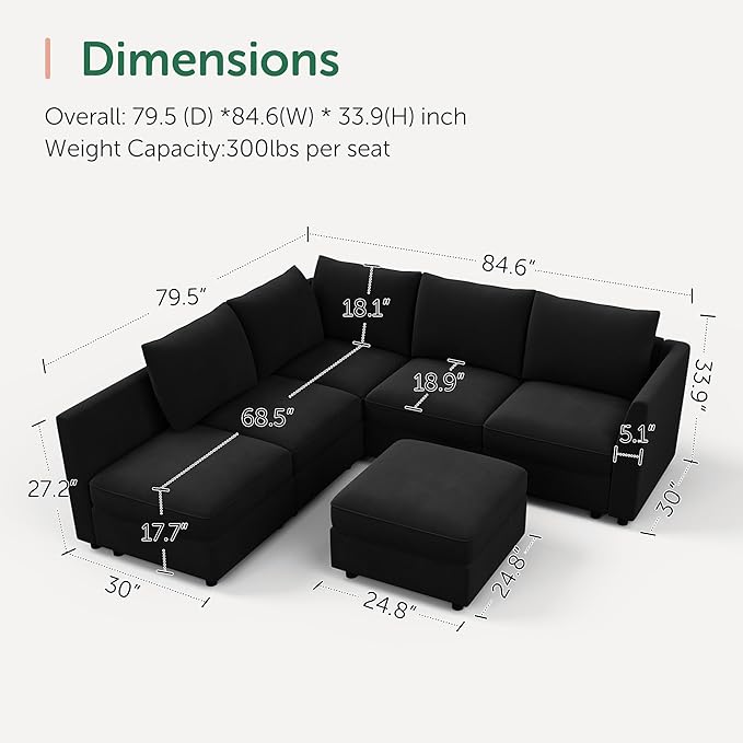 HONBAY Modular Sectional Couch L Shaped Sectional Sofa with Storage Velvet Convertible Sectional Couches for Living Room,Black