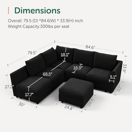 HONBAY Modular Sectional Couch L Shaped Sectional Sofa with Storage Velvet Convertible Sectional Couches for Living Room,Black