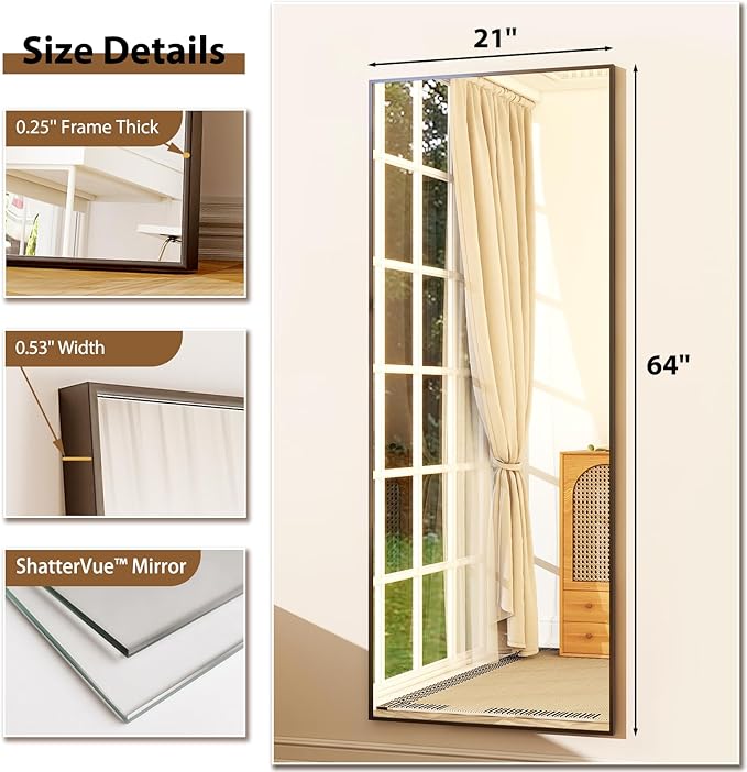 GLSLAND 64"x21" Full Length Mirror Full Body Mirror Freestanding Hanging or Leaning Rectangle Floor Mirror Aluminum Alloy for Bedroom Bathroom Living Room,Black