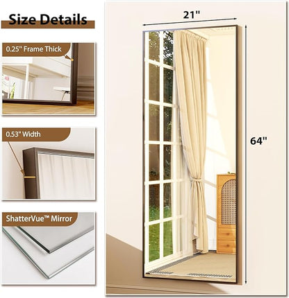 GLSLAND 64"x21" Full Length Mirror Full Body Mirror Freestanding Hanging or Leaning Rectangle Floor Mirror Aluminum Alloy for Bedroom Bathroom Living Room,Black