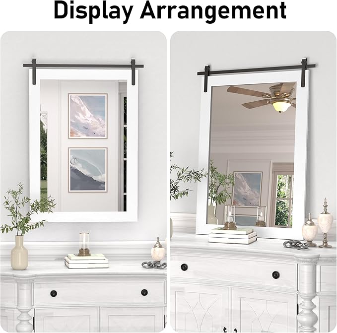 Farmhouse Mirror for Bathroom, White Rustic Vanity Mirror Wood Framed Decrative Mirrors, Barn Door Style Decor Entryway Bedroom 22x30INCH Horizontal