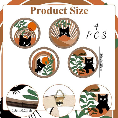4PCs 3D Boho Cat Hanging Wooden Wall Art Wall Decor, Botanical Wall Decor Bohemian Decor, Cat Lover Gifts, Wooden Sign Wood Art Wood Plaque Home Decor for Living Room Bedroom Farmhouse Office