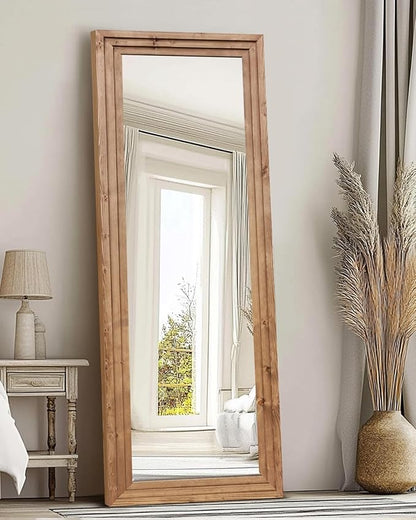 Full Length Mirror 65"x24" Solid Wood Frame Floor Large Mirror for Living Room, Bedroom Hanging or Leaning Wall-Mounted, Light Brown