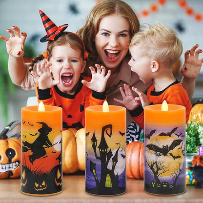 Halloween Flameless LED Candles Battery Operated with Remote and Timer, Real Wax Flickering Pillar Candles Flat Wick Dimmable Light Castle Witch Bats Holiday Decor(3 Pack, 3 x 6 Inches)