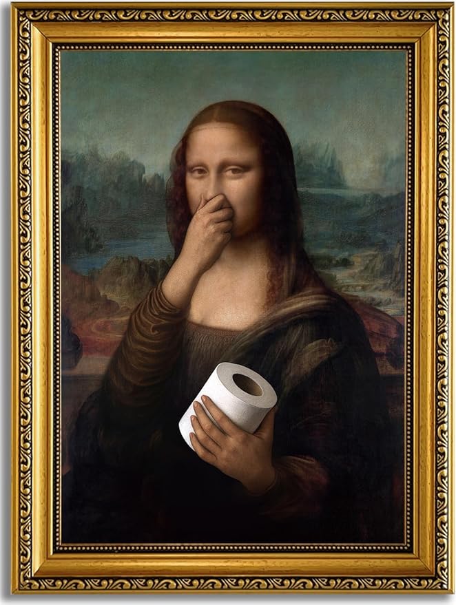 YD&YZY Gold Framed Bathroom Wall Art Mona Lisa Humor Amusing Toilet Art Pinching Nose Wall Decor Funny Vintage Painting Picture Print Whimsical Artwork Bathroom Restroom 12x16 inch Framed