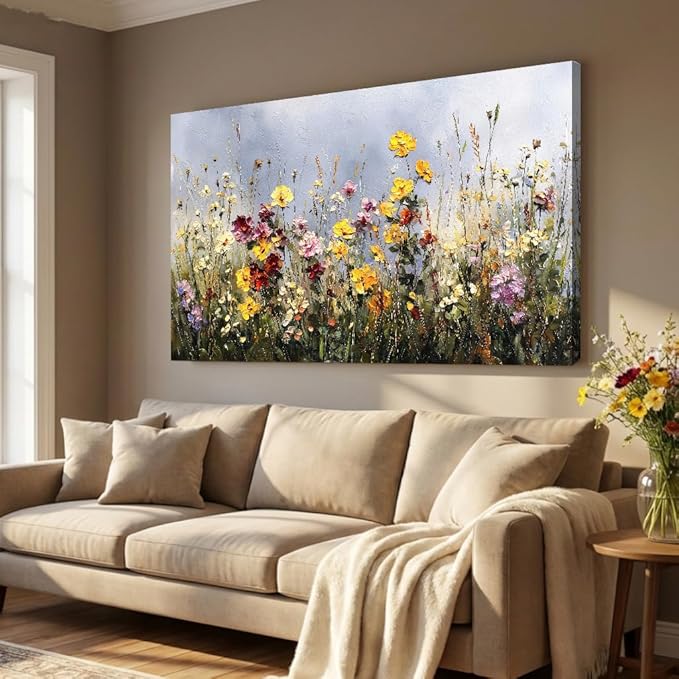 BQVCT Wildflower Meadow Canvas Wall Art 24x48 Inch Floral Botanical Painting Print on Framed Canvas Vibrant Colorful Garden Landscape Wall Decor for Living Room Bedroom Office