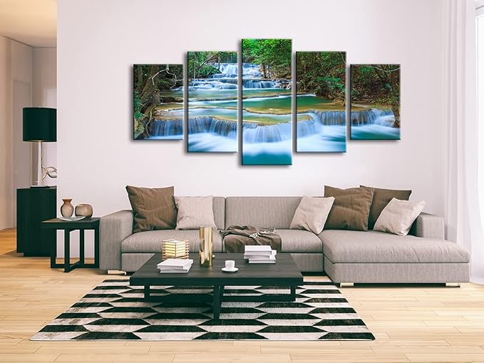 Wieco Art 5 Panels Peaceful Waterfall Giclee Canvas Prints Wall Art Paintings for Wall Decor Dining Room Kitchen Extra Large Modern Gallery Wrapped Artwork Green Landscape Pictures on Canvas XL