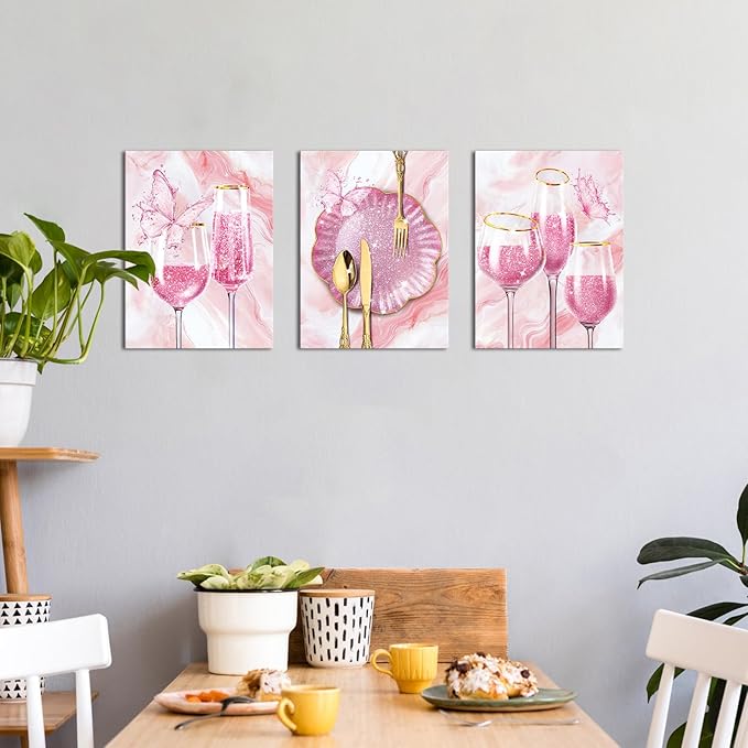 sechars 3 Pieces Set Kitchen Wall Decor Pink Wine Glass Wall Art Gold Utensils Canvas Prints Modern Dining Room Pictures (Pink)