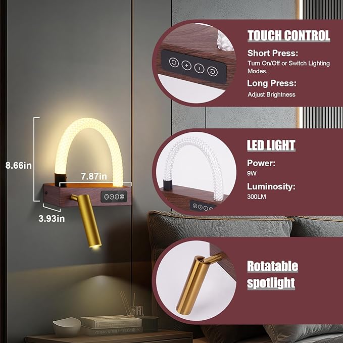 FRIDEKO HOME Wall Sconces for Bedroom, Modern Light Fixtures with 350° Rotation & 3-Color Adjustable Light, Dragon Weave Texture Bedroom Bedside Reading lamp for Bedroom, Study