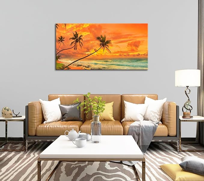 Tropical Beach Sunset Large Wall Art – Stretched & Framed Ocean Waves Canvas Painting, Palm Tree Landscape Farmhause Wall Artwork Decor for living Room Home, Bathroom Office (24x48 Inch)