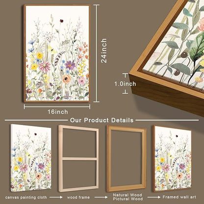 BINCUE Large Framed Floral Canvas Wall Art Colorful Wildflower Pictures Wall Decor Wildflower Artwork Flowers Pictures Floral Home Decor for Living Room Bedroom Office Farmhouse 16x24 Inches Set of 3 Gift