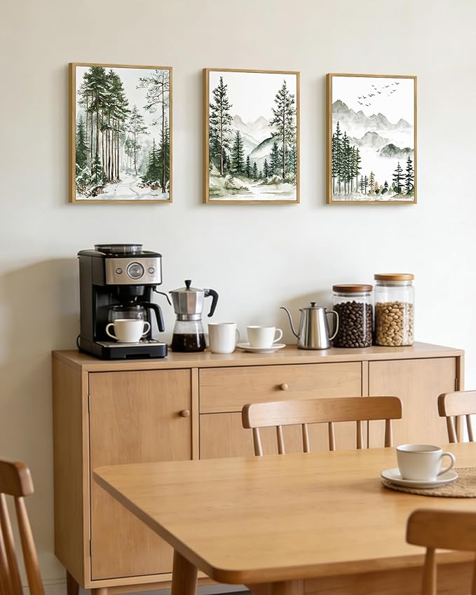 Drsoum Green Tree Forest Mountain Framed Wall Art Nature Landscape Prints Morden Wilderness Artwork Hallway Bedroom Ready to Hang 11x14in Natural Framed