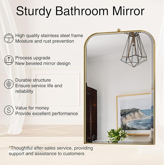 POZINO Rectangle Beveled Mirror, 22"x35" Bathroom Vanity Mirrors for Over Sink, Brushed Gold Mirror with Stainless Steel Frame, Modern Premium Wall Mirrors for Living Room Entryway Hallway