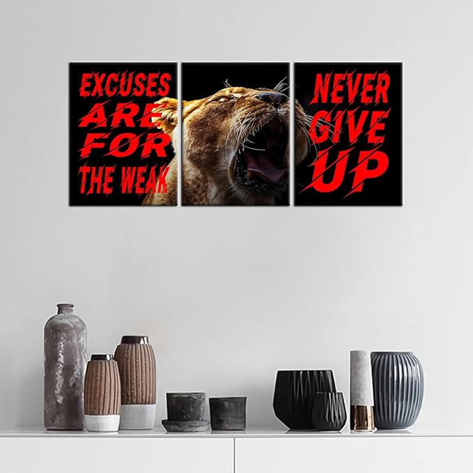 Inspirational Quotes Excuses Are for the Weak Motivational Wall Art Never Give up Poster Painting 3 Pieces Canvas Print Framed for Office Decoration Ready to Hang [36''W X 16''H]