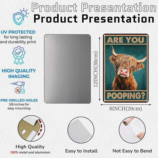 Metal Sign Vintage Sign Highland Cow Are You Pooping Funny Tin Sign for Bathroom Toilet Wall Decor 8x12 Inch