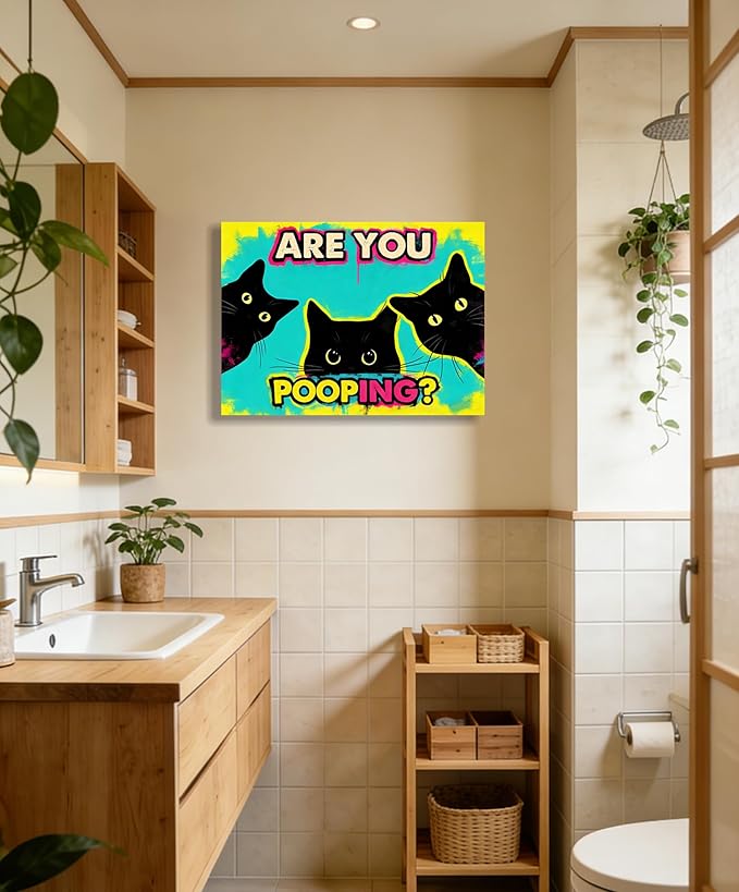 Funny Black Cat Bathroom Canvas Wall Art - Are You Pooping? Colorful Humor Poster for Washroom, 16x24 Inch Framed Graffiti Print for Toilet Restroom, Pop Art Wall Decor, Gifts for Cat Lovers