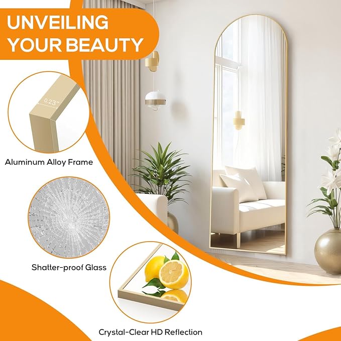 Arched Mirror Full Length, Upgraded 16"x59" Body Wall Mirrors with Shatter-Proof Glass, Floor Standing, Hanging or Leaning, Tall Arch Mirror with Stand Aluminum Alloy Frame for Bedroom, Gold