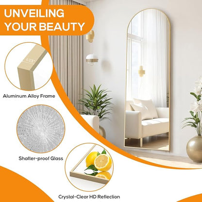 Arched Full Length Floor Mirror, 15.75"x59" Full Body Standing Mirrors with Shatter-Proof Glass, Floor or Wall Mount, Hanging or Leaning, Aluminum Alloy Frame for Home Decor, Gold