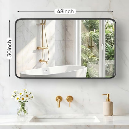 OLIXIS Bathroom Mirror for Over Sink, 30x48 Inch Wall Rounded Rectangle Mirror with Matte Metal Framed, Modern Wall Mount Vanity Mirror for Home Decor, Living Room, Bedroom, Black