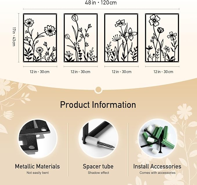Sokurdeg Black Metal Flower Wall Decor, Minimalist Floral Botanical Wall Art, Abstract Line Boho Farmhouse Decor for Living Room, Bathroom, Bathroom, Office, Meaningful Gift (4 Pcs, 12x17 in)