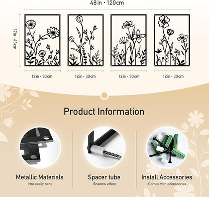 Sokurdeg Black Metal Flower Wall Decor, Minimalist Floral Botanical Wall Art, Abstract Line Boho Farmhouse Decor for Living Room, Bathroom, Bathroom, Office, Meaningful Gift (4 Pcs, 12x17 in)