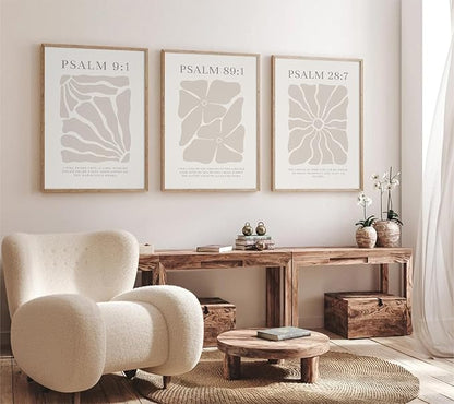 Joocrise Scripture Christian Wall Art Set of 3 Beige Bible Verses Wall Decor Neutral Psalm Canvas Wall Art Modern Pictures Flower Prints Christian Artwork for Living Room Bedroom 16x24 Inch Unframed
