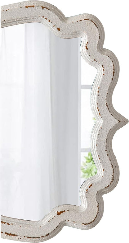 Vintage Scalloped White Mirrors for Wall Decor Living Room 13 X 20 Inches, Distressed Finish Carved Wooden Framed Hanging Makeup Mirror, Bathroom Vanity Mirrors, Horizontal or Vertical