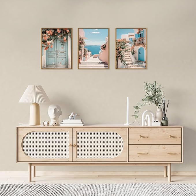 KAIRNE Italy Amalfi Coast Cityscape Framed Canvas Wall Art Set,Neutral Italian Mediterranean Wall Decor,Greece Island Landscape Wall Painting,Florida Beach Artwork for Living Room,Bedroom-12 x16 x3