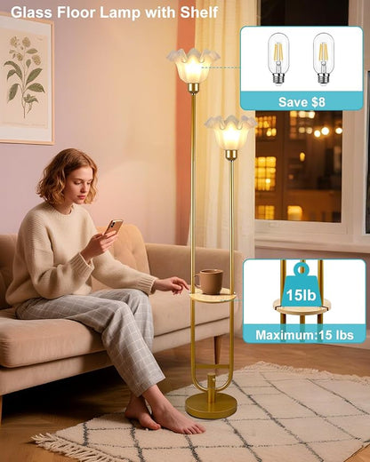 Dimmable Flower Floor Lamps with Table, 2-Lights Dimmable Floral Floor Lamp, 3000K Warmwhite Modern Floor Lamp, Vintage Gold Standing Lamp with 5Lbs Heavy Base for Living Room Bedroom