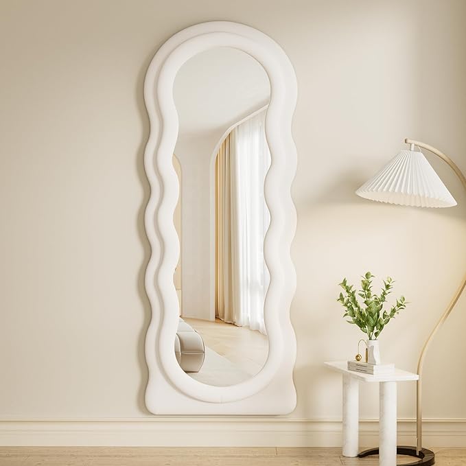 Rowjut Full Length Mirorr, 63"x24" Mirrors Full Length, Irregular Wavy/Wall Mounted & Standing Floor Mirror with Flannel, Body Mirorr Hanging or Leaning Against Wall for Bedroom (White)