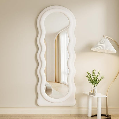 Rowjut Full Length Mirorr, 63"x24" Mirrors Full Length, Irregular Wavy/Wall Mounted & Standing Floor Mirror with Flannel, Body Mirorr Hanging or Leaning Against Wall for Bedroom (White)